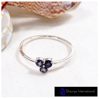 Iolite Cut F - SFJ906-Classic Light Weight Cut Gemstone Trilogy Ring 925 Sterling Silver