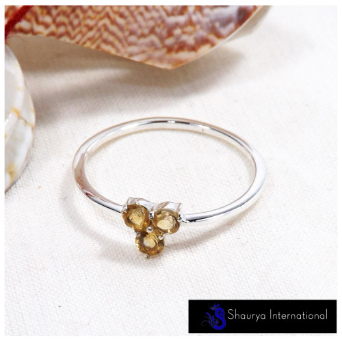 Citrine Cut K - SFJ906-Classic Light Weight Cut Gemstone Trilogy Ring 925 Sterling Silver