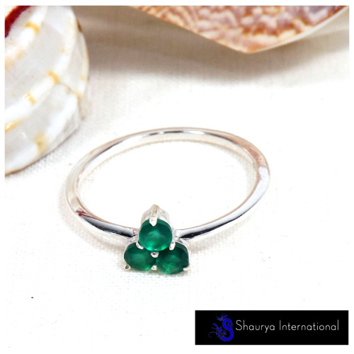 Green Onyx Cut L - SFJ906-Classic Light Weight Cut Gemstone Trilogy Ring 925 Sterling Silver
