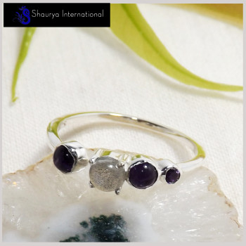 Rainbow Moonstone & Amethyst Cab B - SFJ905-Awesome Four Gemstone Light Weight Adjustable Ring 925 Sterling Silver
