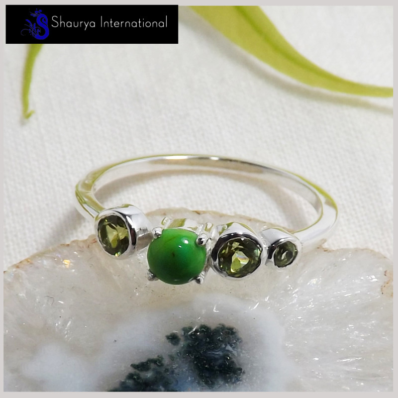 Garnet, Turquoise & Peridot Cut C - SFJ905-Awesome Four Gemstone Light Weight Adjustable Ring 925 Sterling Silver