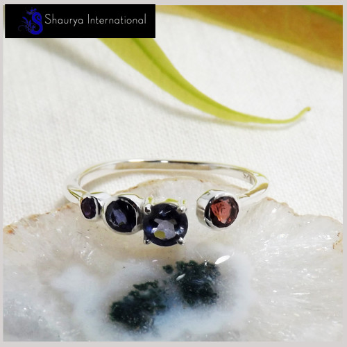 Garnet, Iolite & Amethyst Cut G - SFJ904-Solid 925 Sterling Silver Light Weight Adjustable Midi Ring Four Cut Gemstone