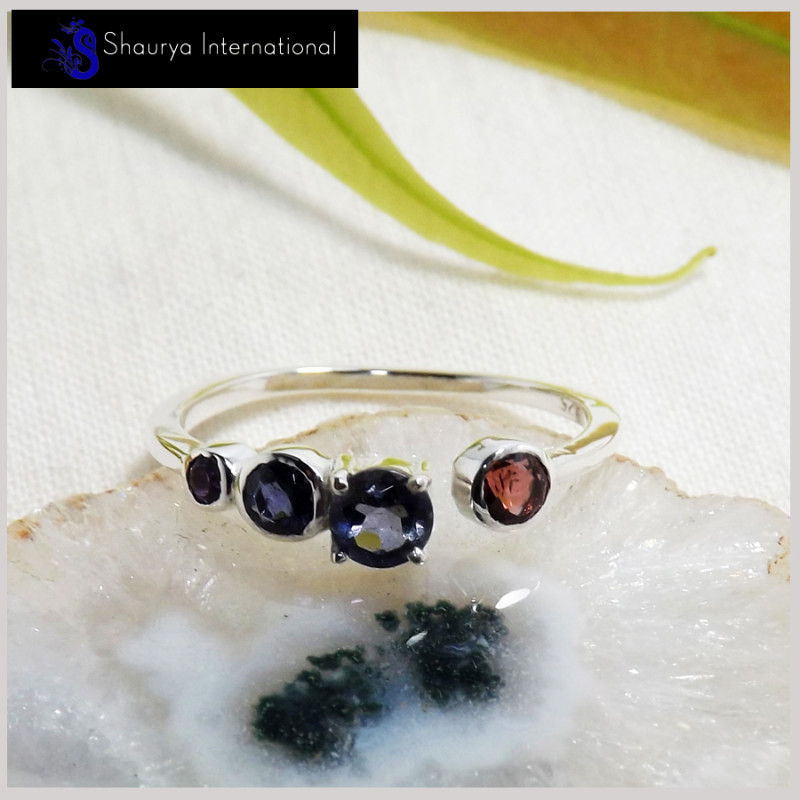 Garnet, Iolite & Amethyst Cut G - SFJ904-Solid 925 Sterling Silver Light Weight Adjustable Midi Ring Four Cut Gemstone