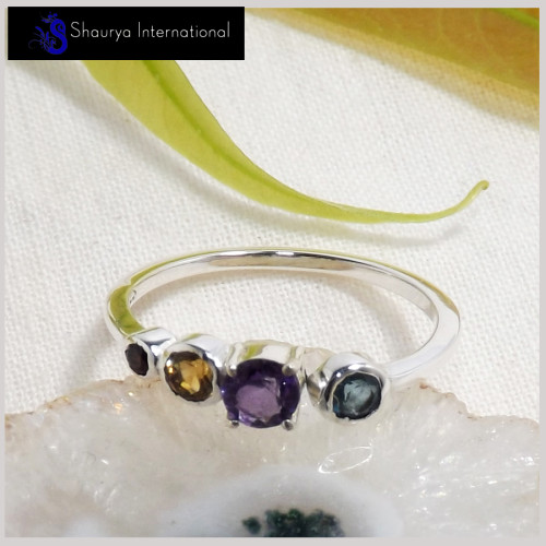 Amethyst, Citrine, Blue Topaz & Garnet Cut I - SFJ904-Solid 925 Sterling Silver Light Weight Adjustable Midi Ring Four Cut Gemst