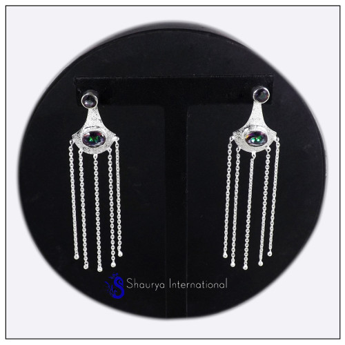 Mystic Cut G - SDE709-Solid 925 Sterling Silver Cut Gemstone Long Chain Designer Earrings