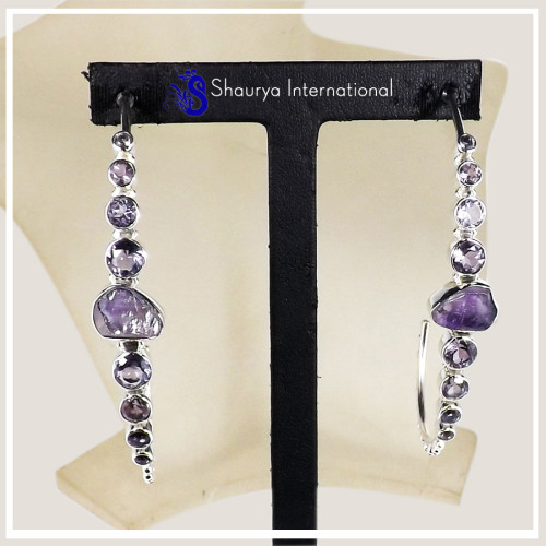 Amethyst Rough & Cut D - SDE707-New Collection Semiprecious Gemstone Statement Long Earrings 925 Sterling Silver