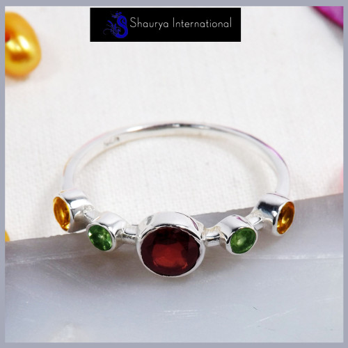 Garnet, Peridot & Citrine Cut A - SFJ903-Amazing Design Cut Gemstone Light Weight Tiny Ring 925 Sterling Silver