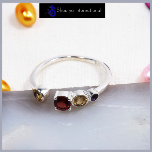 Garnet, Citrine & Amethyst Cut B - SFJ903-Amazing Design Cut Gemstone Light Weight Tiny Ring 925 Sterling Silver