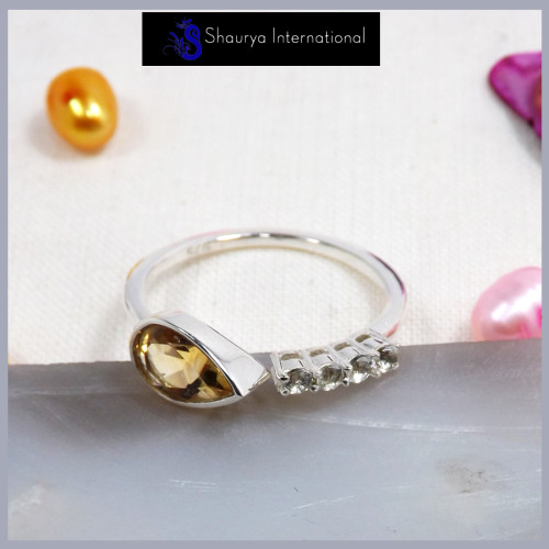 Citrine & White Topaz Cut D - SFJ903-Amazing Design Cut Gemstone Light Weight Tiny Ring 925 Sterling Silver