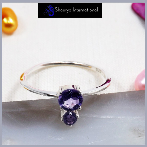 Amethyst Cut E - SFJ903-Amazing Design Cut Gemstone Light Weight Tiny Ring 925 Sterling Silver