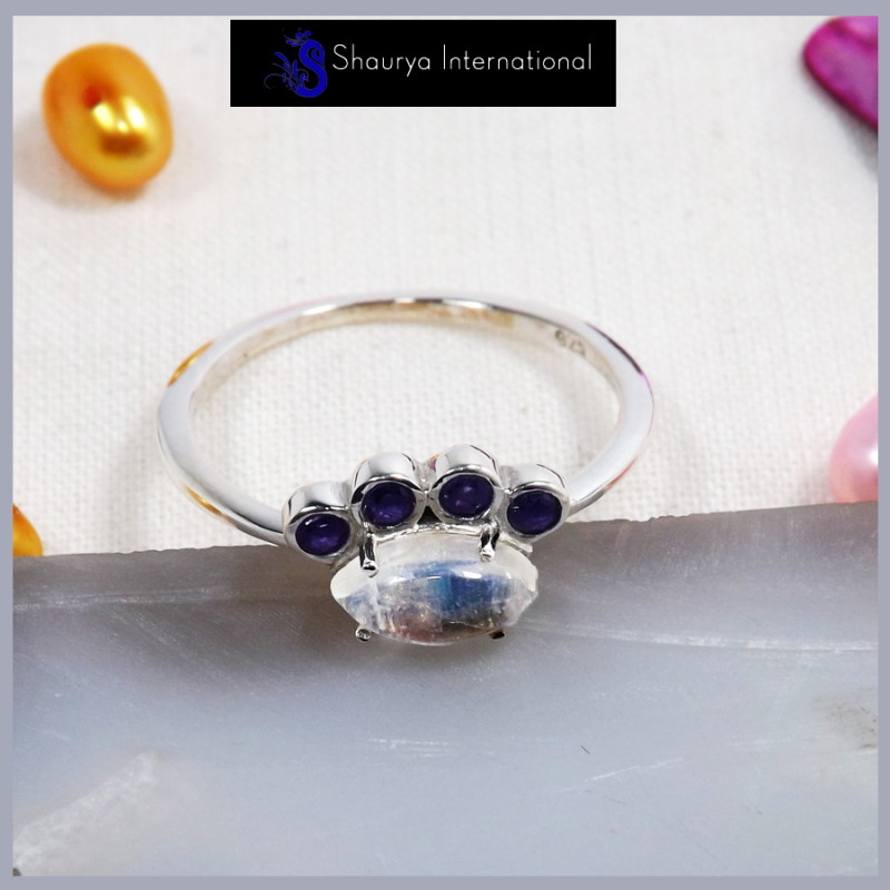 Rainbow Moonstone Cab & Amethyst Cut L - SFJ903-Amazing Design Cut Gemstone Light Weight Tiny Ring 925 Sterling Silver