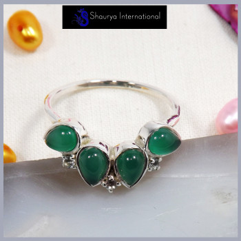 Green Onyx Cab & White Topaz Cut M - SFJ903-Amazing Design Cut Gemstone Light Weight Tiny Ring 925 Sterling Silver