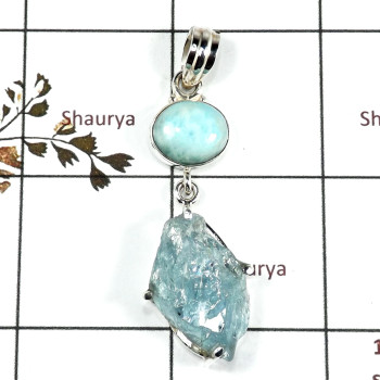 Aquamarine Rough & Larimar Cab D - RPP973-Handmade Collection Rough Gemstone Heavy Pendant 925 Sterling Silver