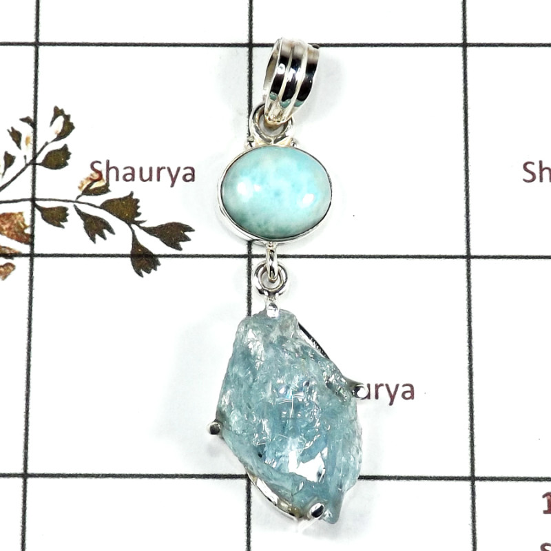 Aquamarine Rough & Larimar Cab D - RPP973-Handmade Collection Rough Gemstone Heavy Pendant 925 Sterling Silver