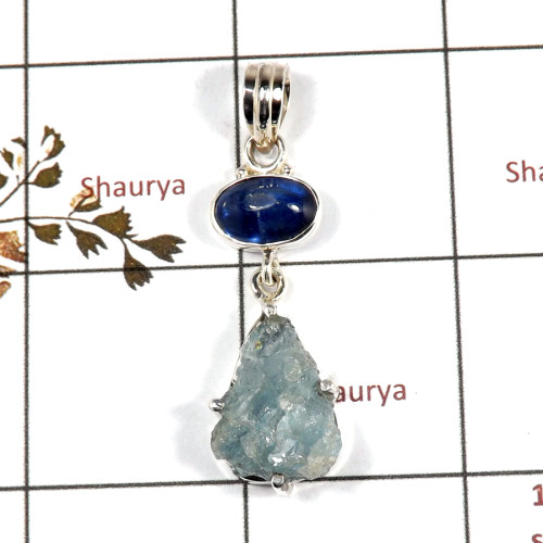Aquamarine Rough & Kyanite Cab E - RPP973-Handmade Collection Rough Gemstone Heavy Pendant 925 Sterling Silver