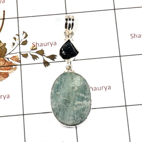 Aquamarine Druzy & Apatite Rough F - RPP973-Handmade Collection Rough Gemstone Heavy Pendant 925 Sterling Silver