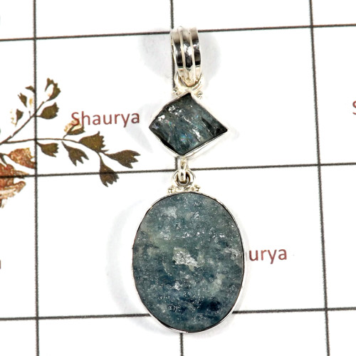 Aquamarine Druzy G - RPP973-Handmade Collection Rough Gemstone Heavy Pendant 925 Sterling Silver
