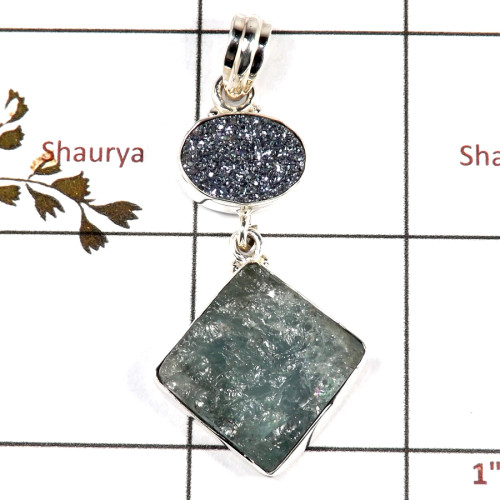 Aquamarine Rough & Flat Druzy A - RPP972-Solid 925 Sterling Silver Rough Gemstone Pendant Handmade Wholesale Collection
