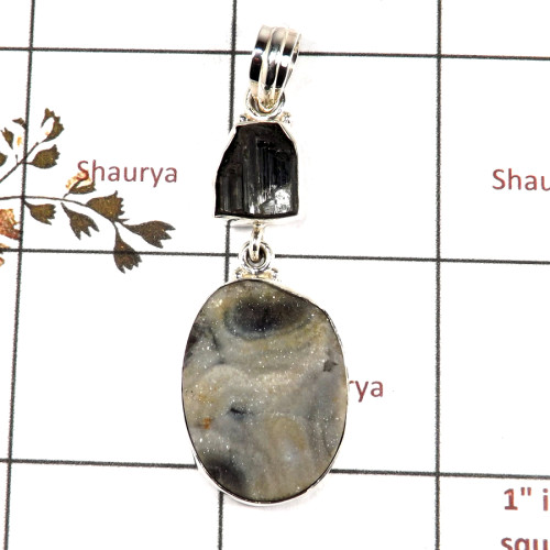 Desert Druzy & Black Tourmaline Rough E - RPP972-Solid 925 Sterling Silver Rough Gemstone Pendant Handmade Wholesale Collection
