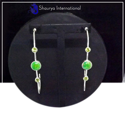 Green Turquoise Cab & Peridot Cut D - SDE705-Ultimate Look Statement Dangle Long Earrings Cut & Cab Gemstone 925 Sterling Silver