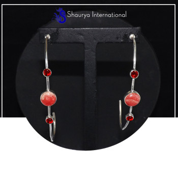 Rhodochrosite Cab & Garnet Cut F - SDE705-Ultimate Look Statement Dangle Long Earrings Cut & Cab Gemstone 925 Sterling Silver