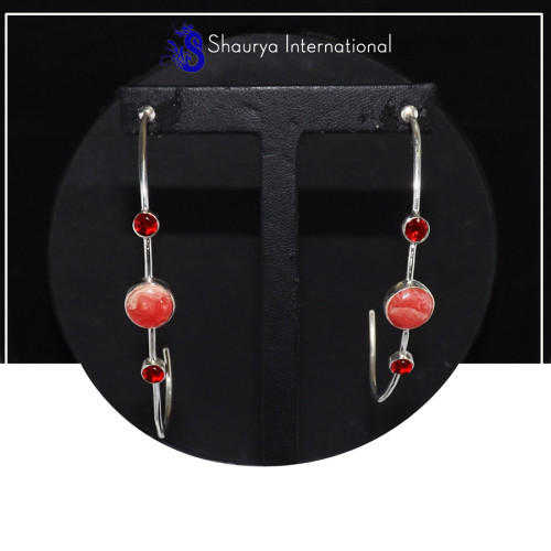 Rhodochrosite Cab & Garnet Cut F - SDE705-Ultimate Look Statement Dangle Long Earrings Cut & Cab Gemstone 925 Sterling Silver