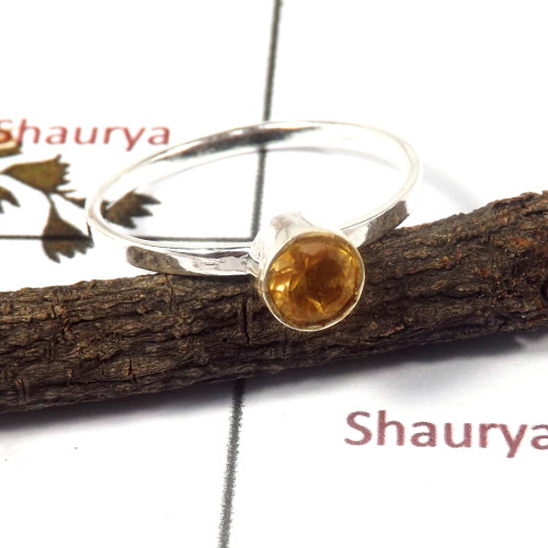 Citrine Cut A - STK939-Solid 925 Sterling Silver Cut Gemstone Light Weight Stacking Ring
