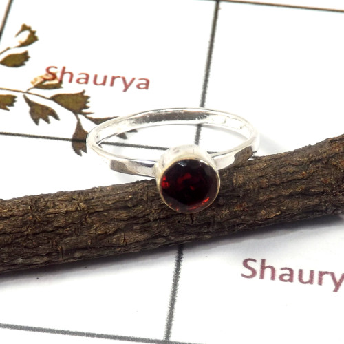 Garnet Cut C - STK939-Solid 925 Sterling Silver Cut Gemstone Light Weight Stacking Ring