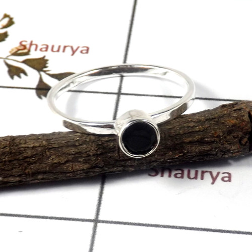 Black Onyx Cut E - STK939-Solid 925 Sterling Silver Cut Gemstone Light Weight Stacking Ring