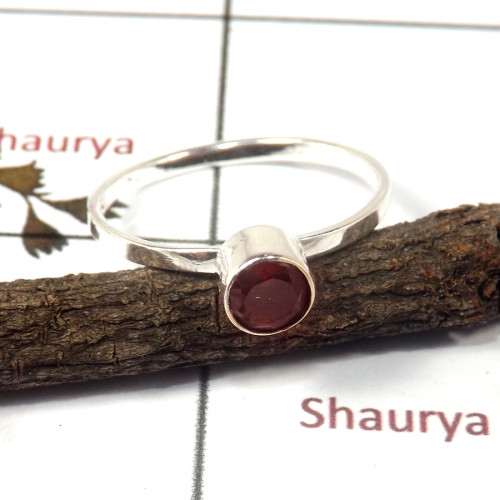 Garnet Cut F - STK939-Solid 925 Sterling Silver Cut Gemstone Light Weight Stacking Ring