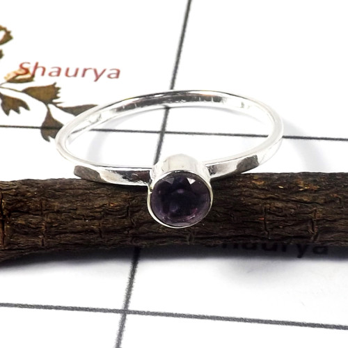 Amethyst Cut G - STK939-Solid 925 Sterling Silver Cut Gemstone Light Weight Stacking Ring