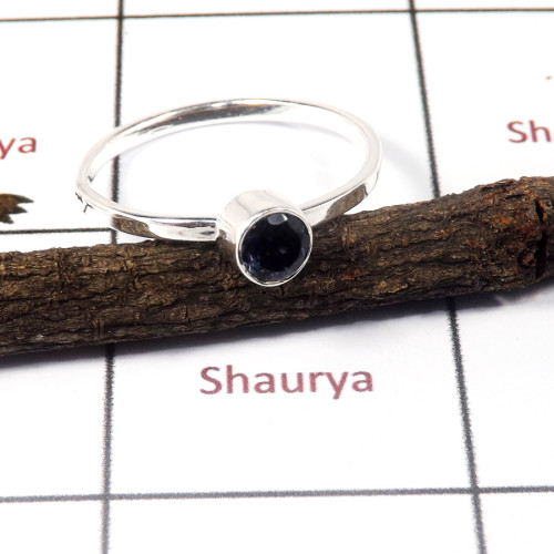 Iolite Cut I - STK939-Solid 925 Sterling Silver Cut Gemstone Light Weight Stacking Ring