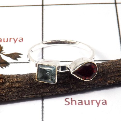Blue Topaz & Garnet Cut A - STK938-Indian Factory Made Light Weight Two Stone Stack Ring 925 Sterling Silver