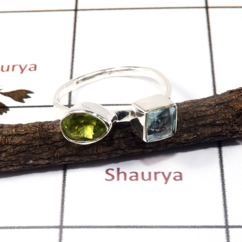 Peridot & Blue Topaz Cut B - STK938-Indian Factory Made Light Weight Two Stone Stack Ring 925 Sterling Silver
