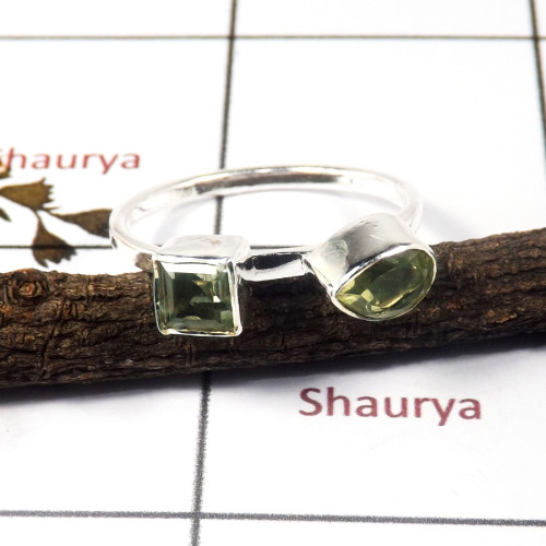Green Amethyst Cut C - STK938-Indian Factory Made Light Weight Two Stone Stack Ring 925 Sterling Silver
