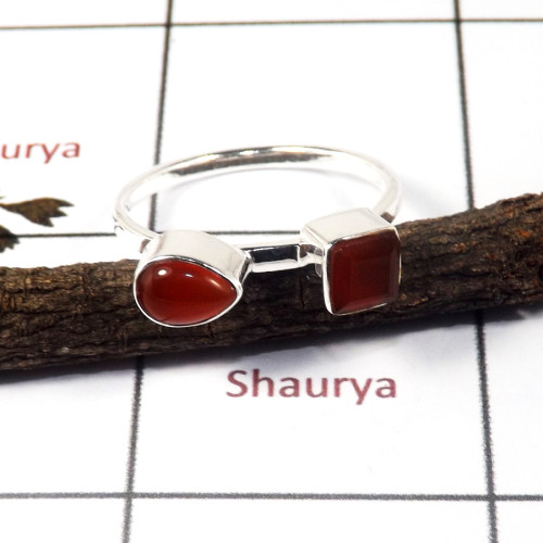 Red Onyx Cab & Cut D - STK938-Indian Factory Made Light Weight Two Stone Stack Ring 925 Sterling Silver