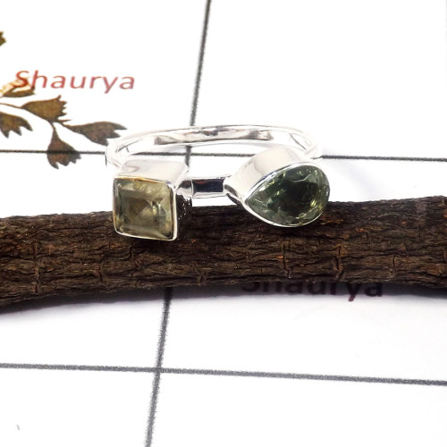 Citrine & Green Amethyst Cut E - STK938-Indian Factory Made Light Weight Two Stone Stack Ring 925 Sterling Silver