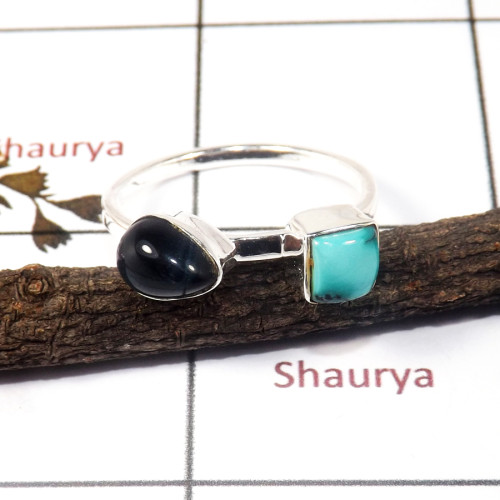 Blue Turquoise & Black Tiger Eye Cab F - STK938-Indian Factory Made Light Weight Two Stone Stack Ring 925 Sterling Silver