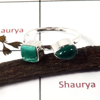 Malachite & Green Onyx Cab I - STK938-Indian Factory Made Light Weight Two Stone Stack Ring 925 Sterling Silver Malachite & Green Onyx Cab I - STK938-Indian Factory Made Light Weight Two Stone Stack Ring 925 Sterling Silver