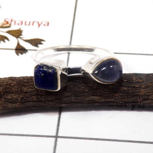 Tanzanite & Lapis Cab L - STK938-Indian Factory Made Light Weight Two Stone Stack Ring 925 Sterling Silver