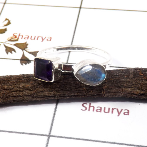 Labradorite & Amethyst Cut O - STK938-Indian Factory Made Light Weight Two Stone Stack Ring 925 Sterling Silver
