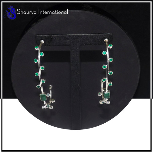 Malachite Cab & Green Cut Cab A - SDE703-Party Look Statement Long Designer Earrings Cut & Cab Gemstone 925 Sterling Silver