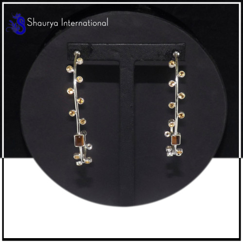 Tiger Eye Cab & Citrine Cut B - SDE703-Party Look Statement Long Designer Earrings Cut & Cab Gemstone 925 Sterling Silver