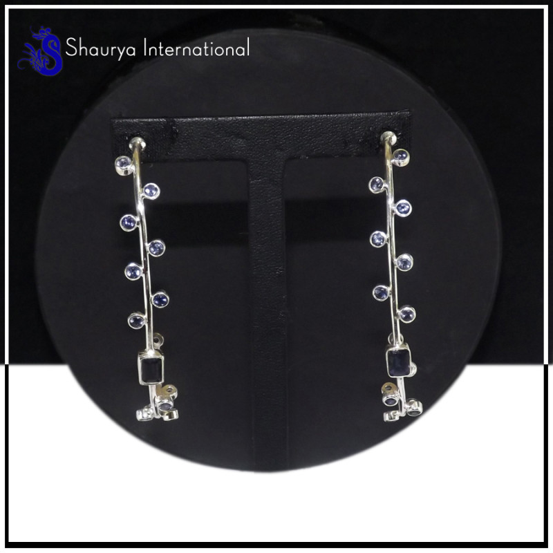 Iolite Cut C - SDE703-Party Look Statement Long Designer Earrings Cut & Cab Gemstone 925 Sterling Silver