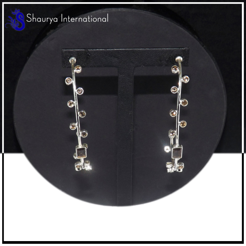 Smokey Cut D - SDE703-Party Look Statement Long Designer Earrings Cut & Cab Gemstone 925 Sterling Silver