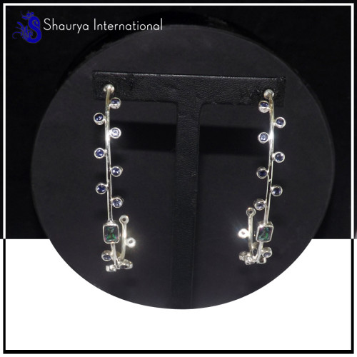Mystic & Iolite Cut E - SDE703-Party Look Statement Long Designer Earrings Cut & Cab Gemstone 925 Sterling Silver