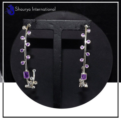Amethyst Cut F - SDE703-Party Look Statement Long Designer Earrings Cut & Cab Gemstone 925 Sterling Silver