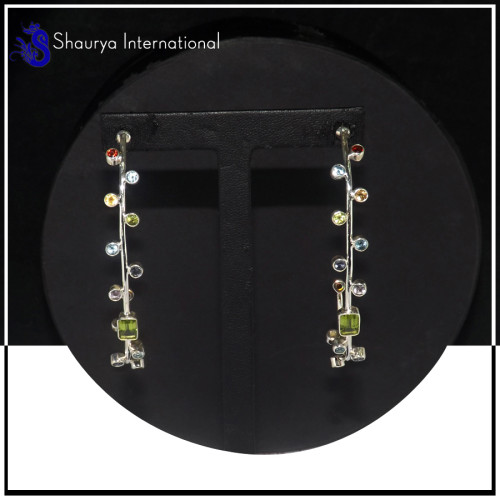 Peridot, Blue Topaz, Amethyst, Citrine & Garnet Cut G - SDE703-Party Look Statement Long Designer Earrings Cut & Cab Gemstone 92