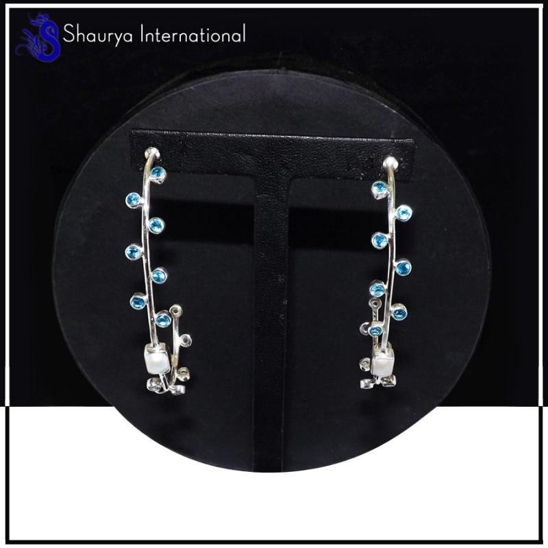 Pearl Cab & Blue Topaz Cut O - SDE703-Party Look Statement Long Designer Earrings Cut & Cab Gemstone 925 Sterling Silver
