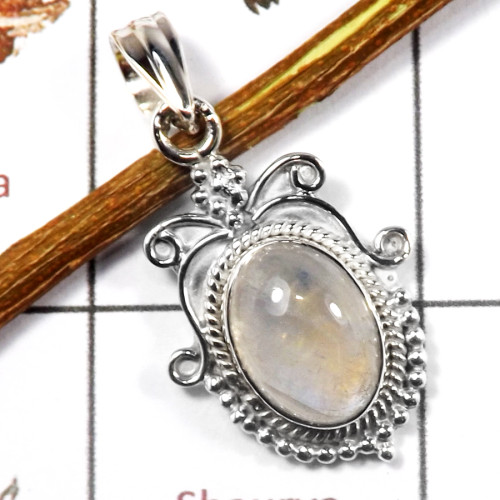 Rainbow Moonstone Cab H - SSP833-Solid 925 Sterling Silver Fabulous Cab Gemstone Designer Pendant